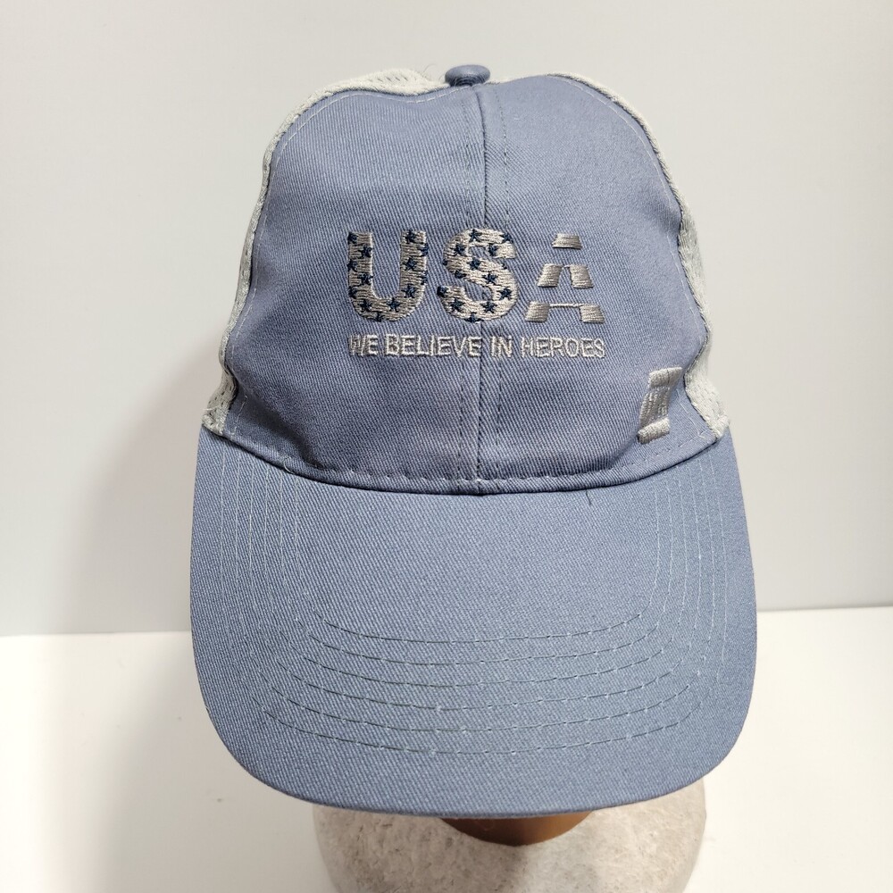 USA We Believe In Heroes NAPA Trucker Hat Cap Mens Blue Gray Mesh Strapback
